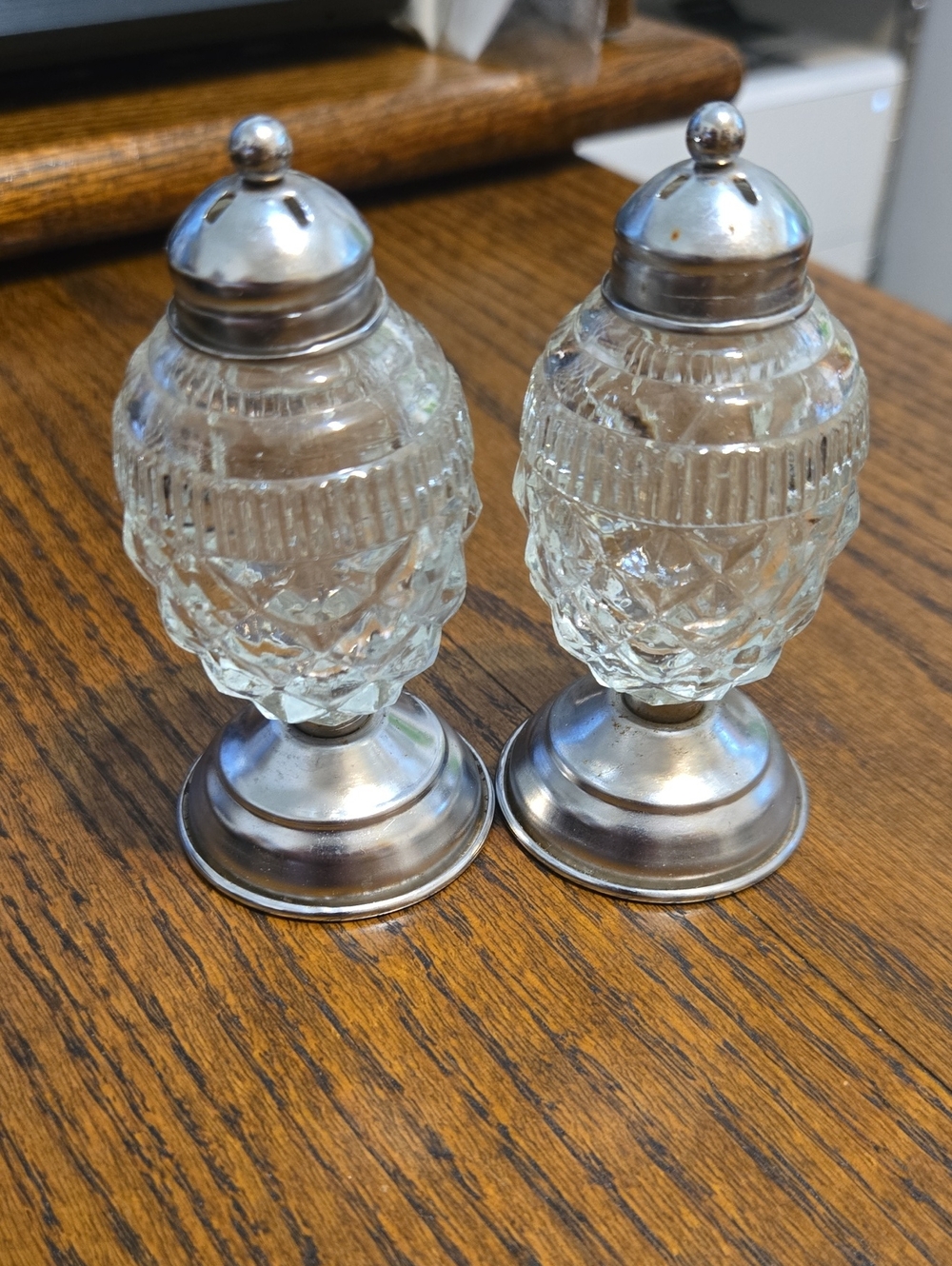Vintage Cut Glass Salt and Pepper Shakers with Silver-Tone Tops